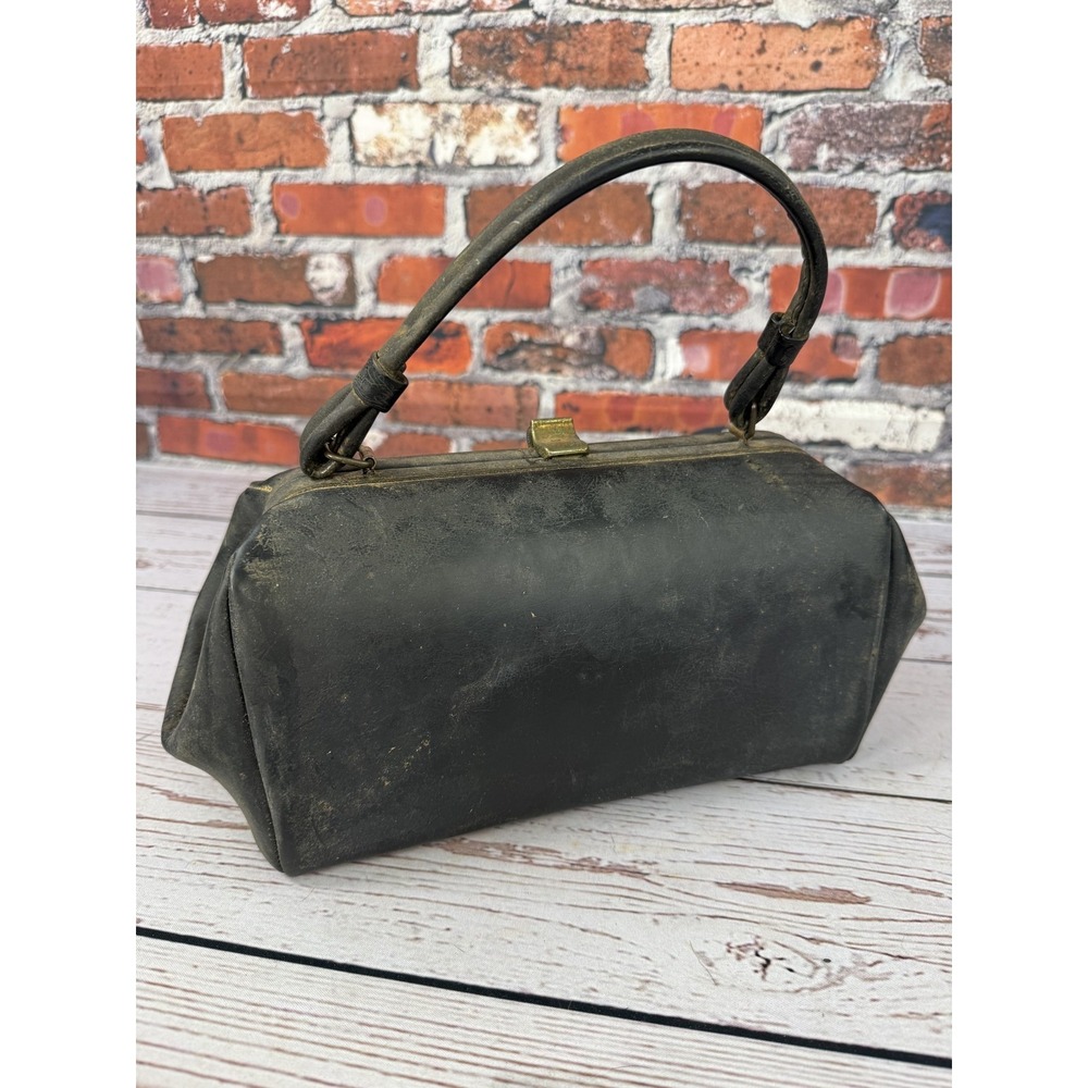 Vintage Madweg Black Leather Doctor's Bag Style Kiss Lock Handbag Purse Antique